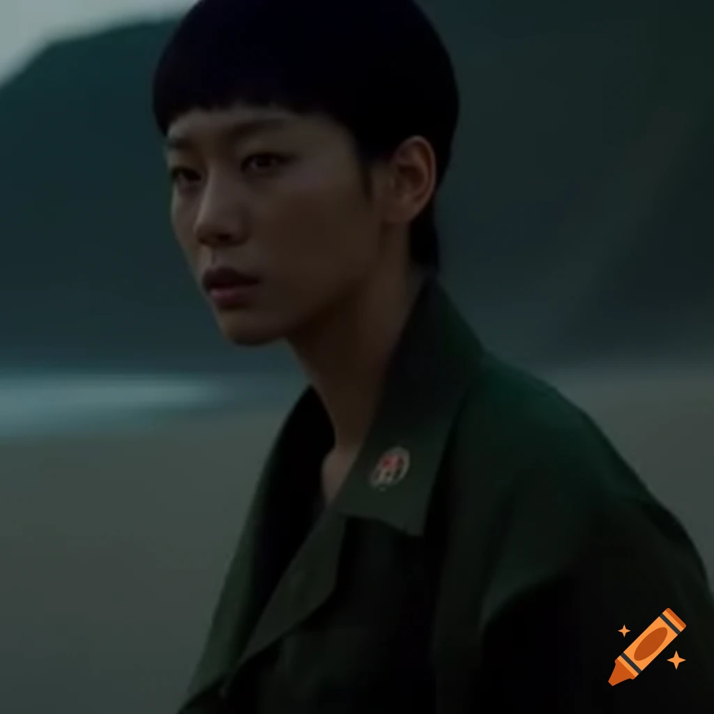 Futuristic dystopian scene combining elements of fashion and film aesthetics