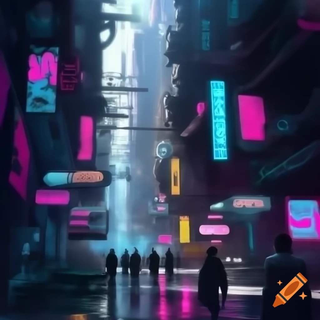 Bustling cyberpunk street in pastel colors with geometric buildings