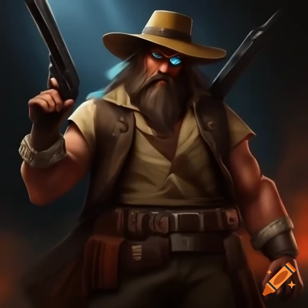 Imposing figure with blue eyes, shaggy beard, and dark brown mullet hairstyle