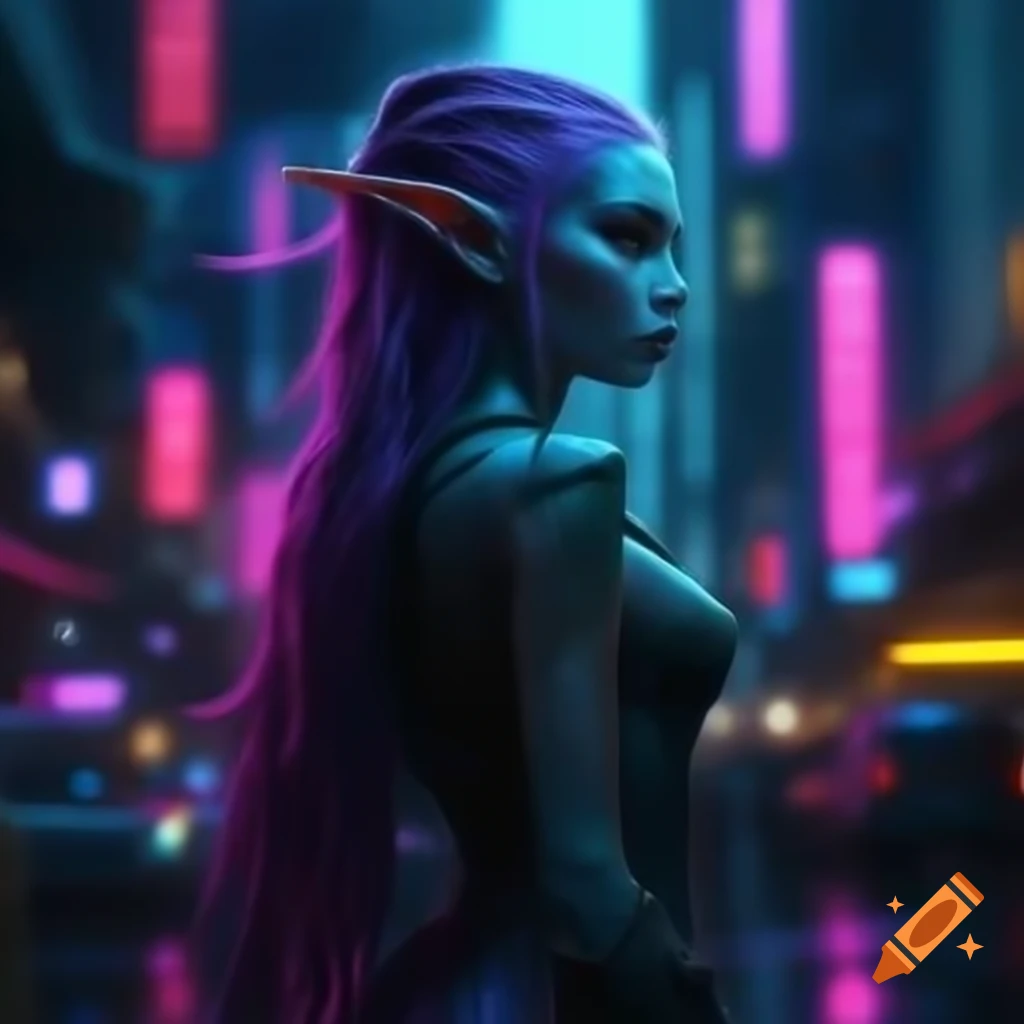 Enchanting elf with neon-purple streaks on city spire in cyberpunk setting