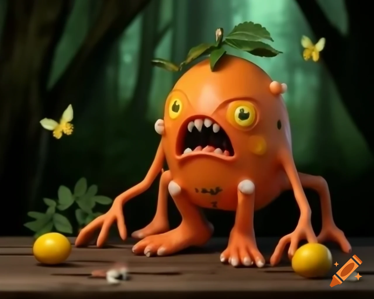3D orange fruit tree monster with lemon face on wooden table in forest