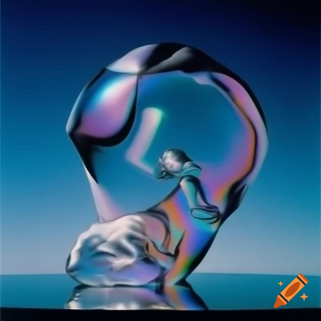 Pop surreal photography featuring iridescent glass statue