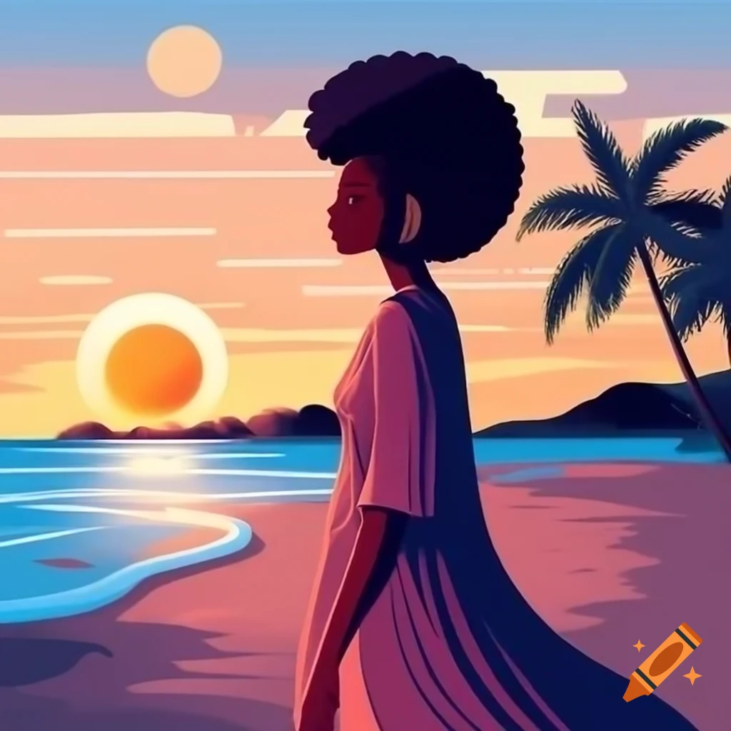 Black woman in long dress admiring sunset on beach leaning on palm tree