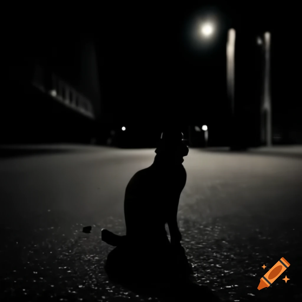 Silhouette of a lone cat on a street during bad weather at night