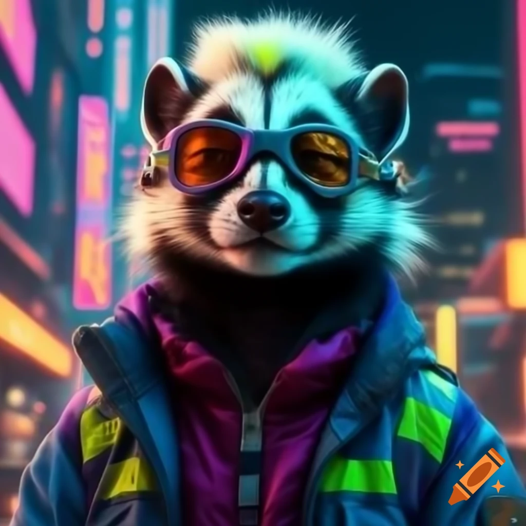 Spotted skunk in cyberpunk dystopia with mohawk and reflective jacket in neon midnight city