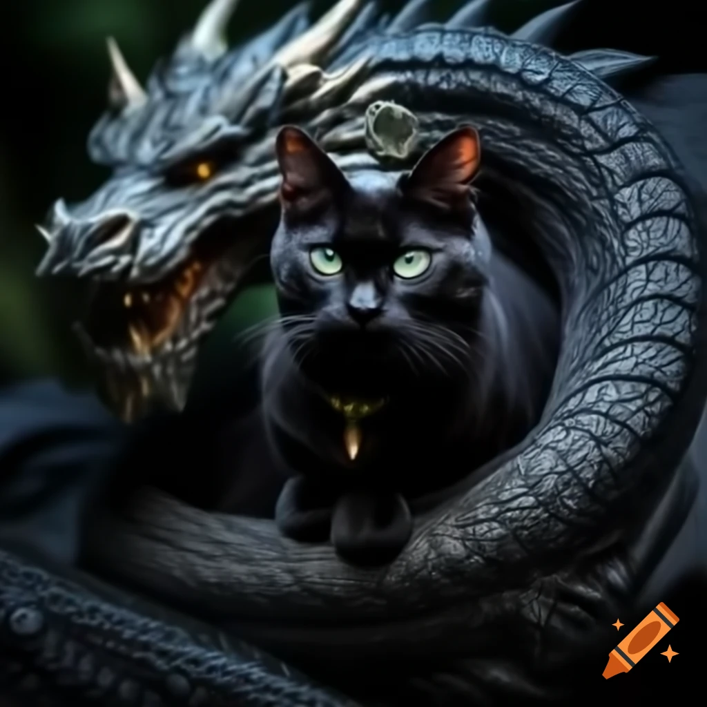 Black cat sitting on a dragon