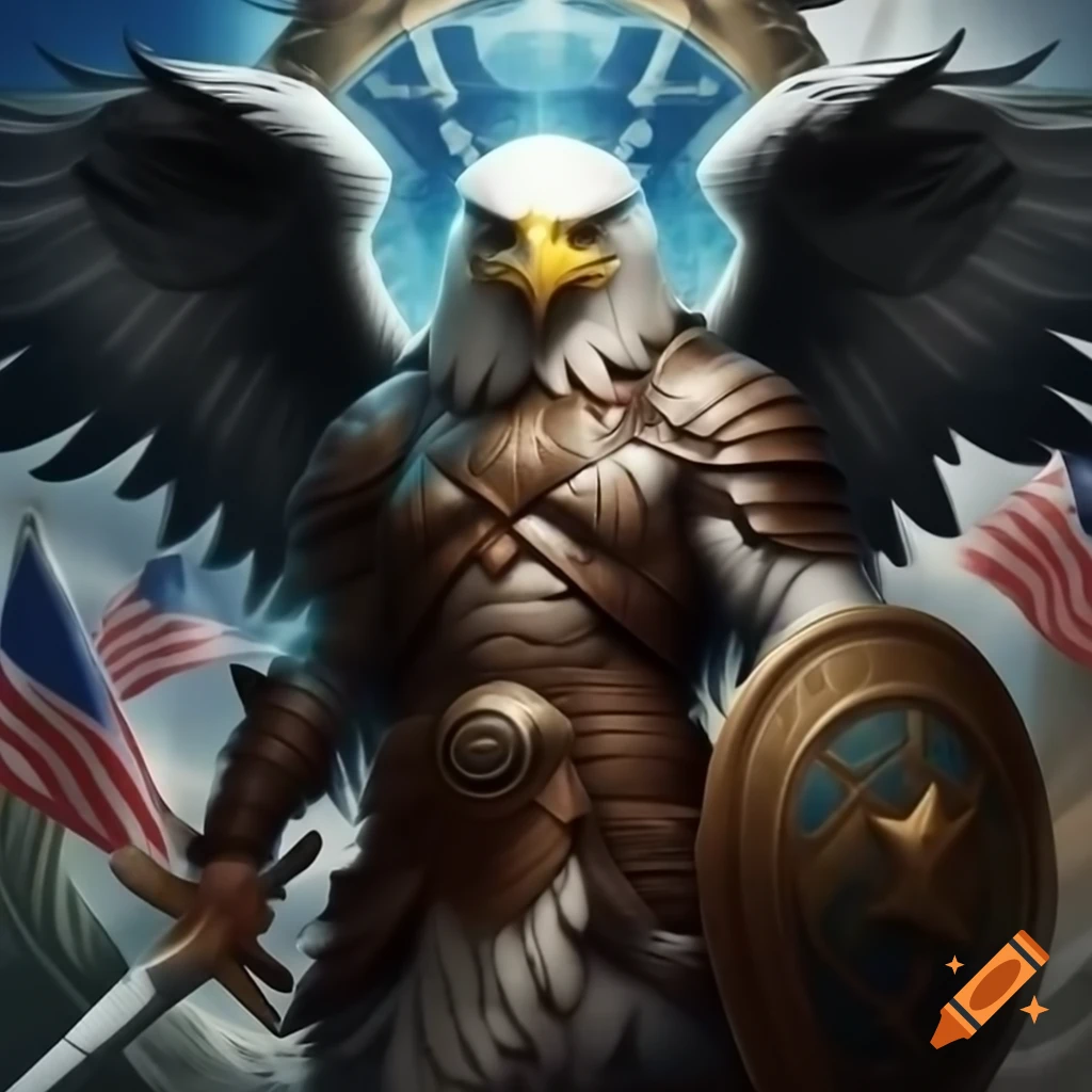 Imposing warrior with eagle head and powerful wings, detailed description