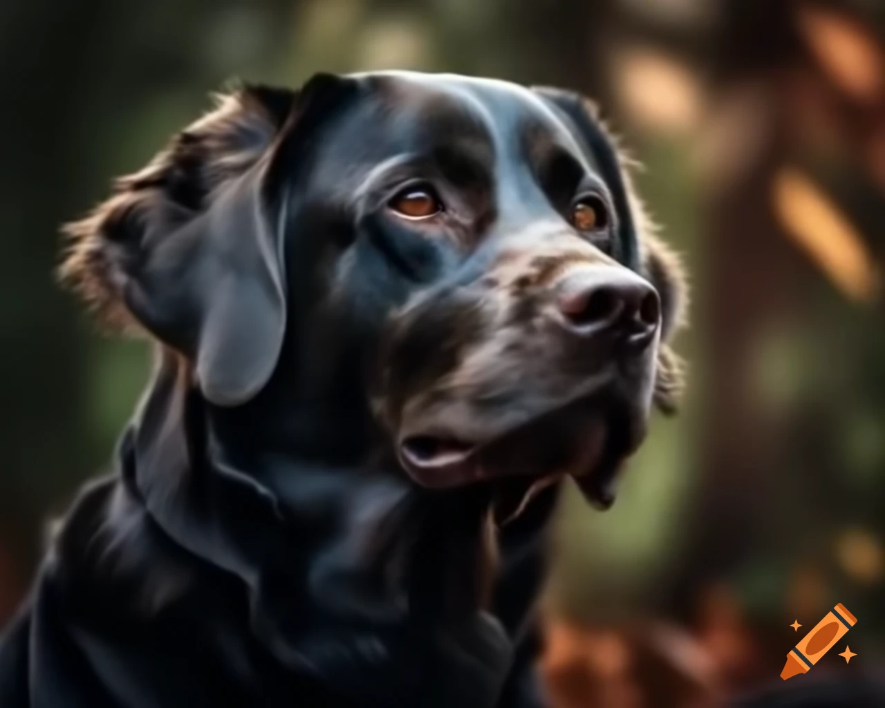 Hyperrealistic black Labrador Retriever in forest with dark brown eyes