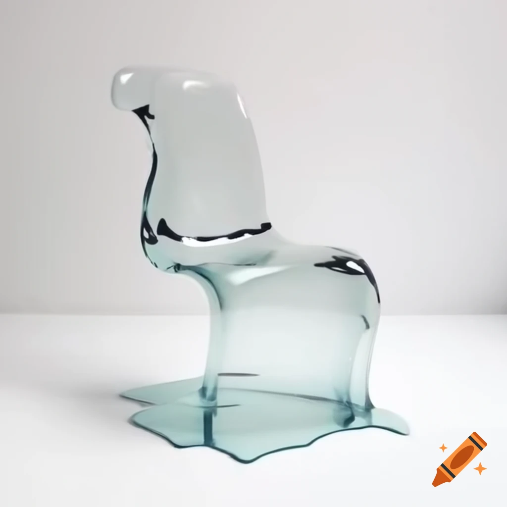 Joke-shaped chair made of giant melted acrylic on white background