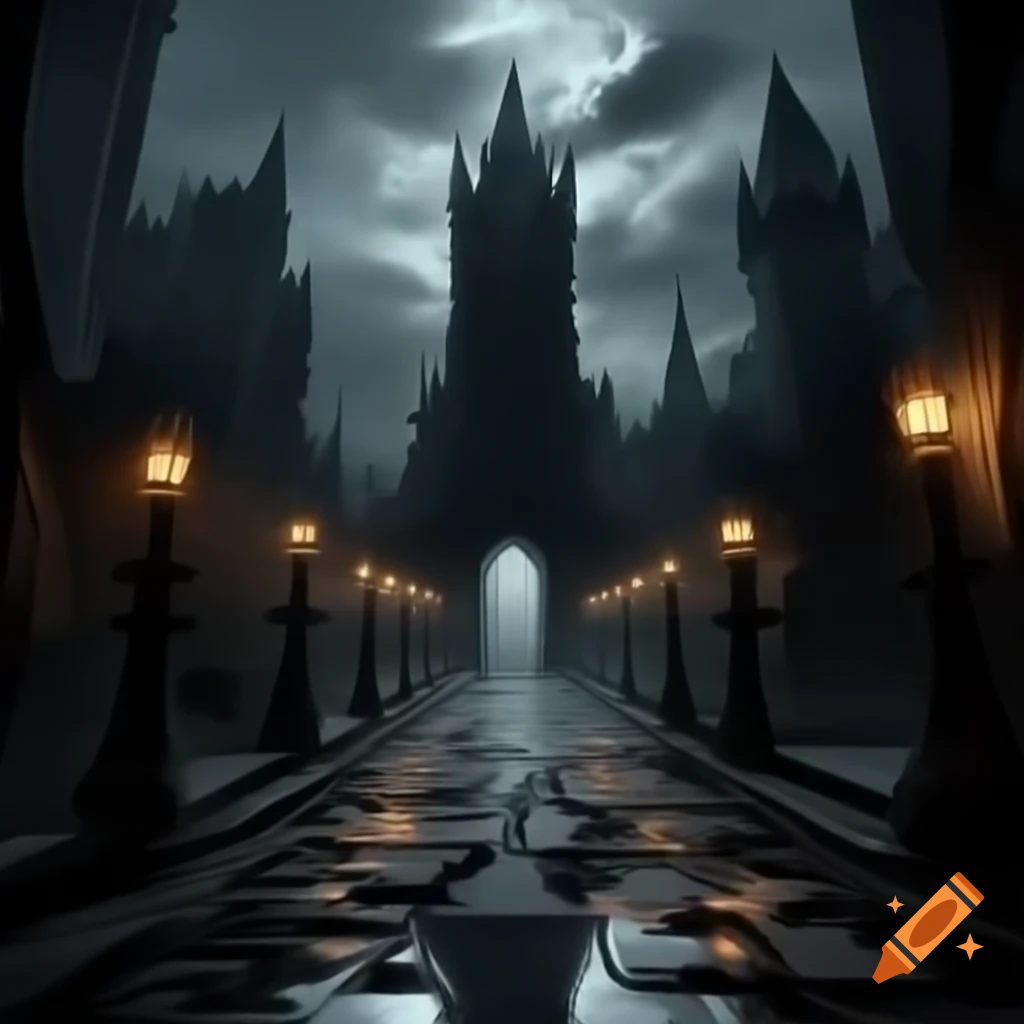 Obsidian City at twilight with jagged skyscrapers and narrow alleyways