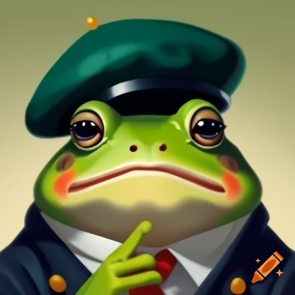 Elegant grumpy frog in beret holding a bun
