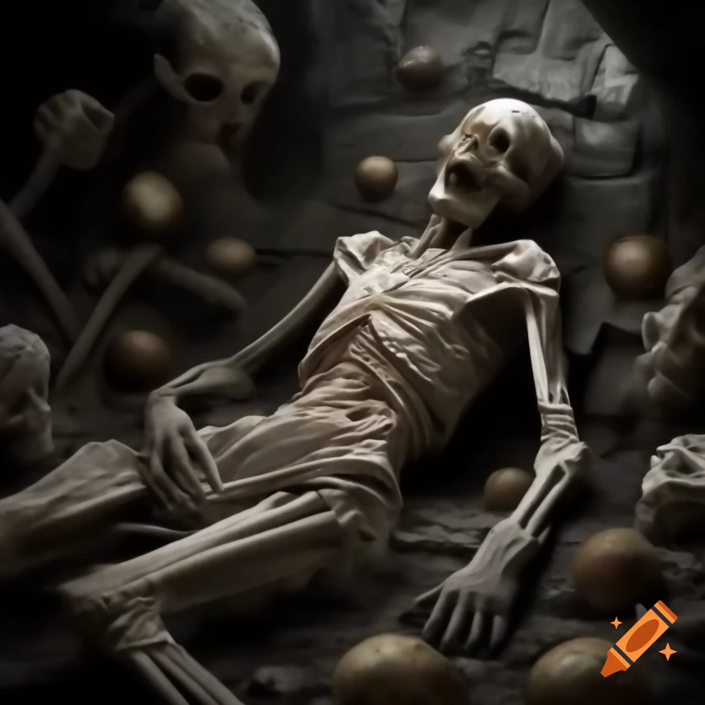 Mysterious figure in bandages with skeletal hints in ruins, macabre art