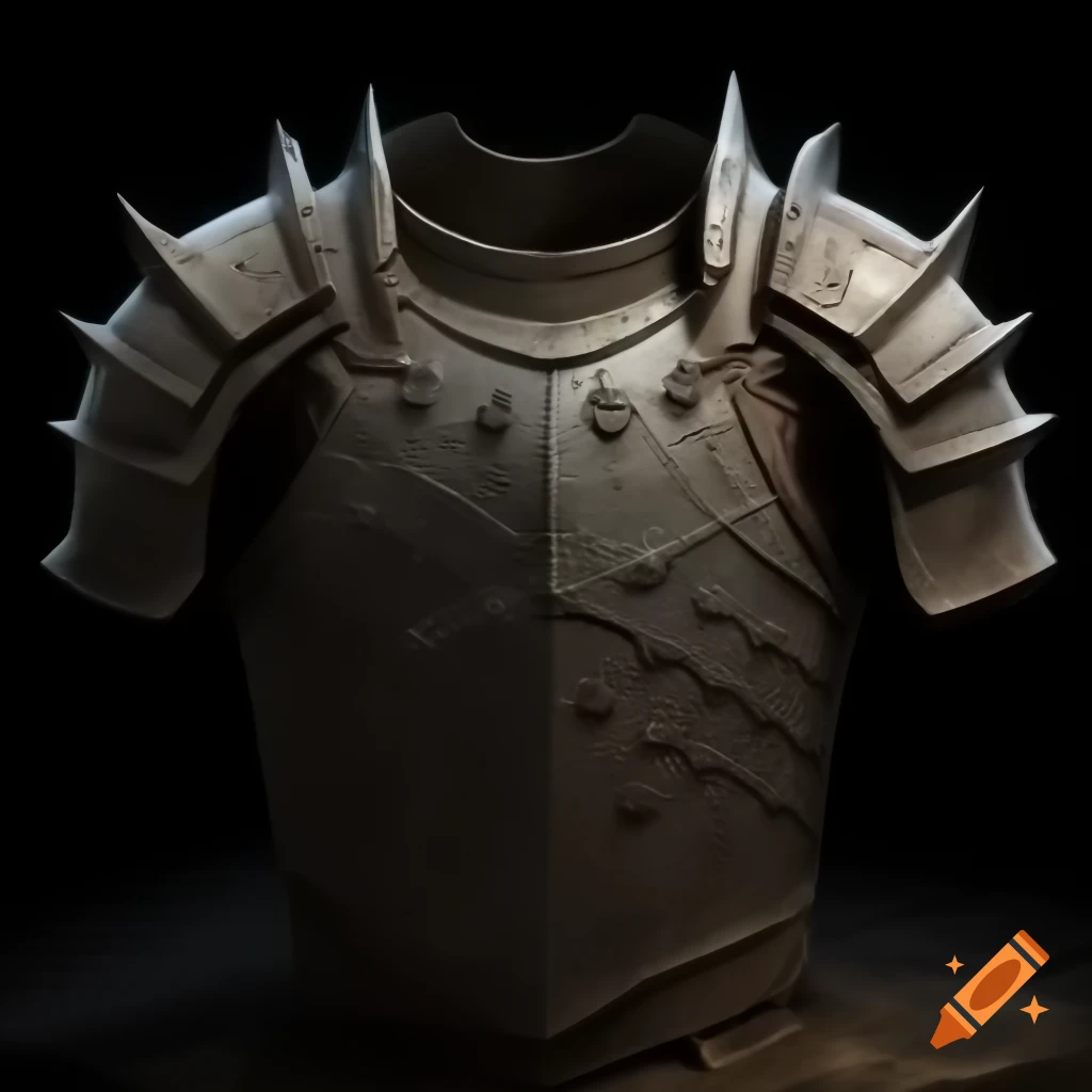 Worn battle-scarred chestplate made of darkened steel with glowing 