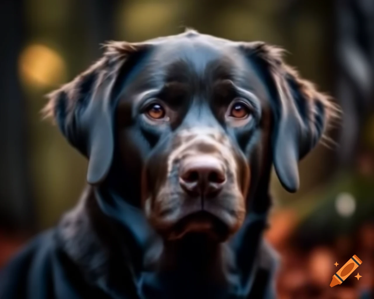 Hyperrealistic black Labrador Retriever in forest with dark brown eyes