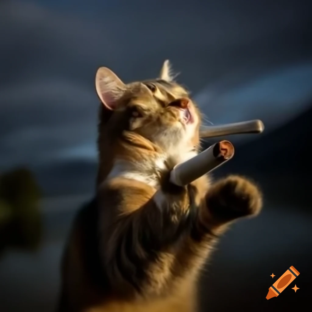 Cat smoking a cigarette with mountains in the background under sunshine