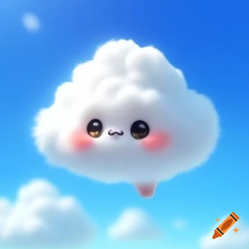 Fluffy cloud with cute eyes moving across clear blue sky