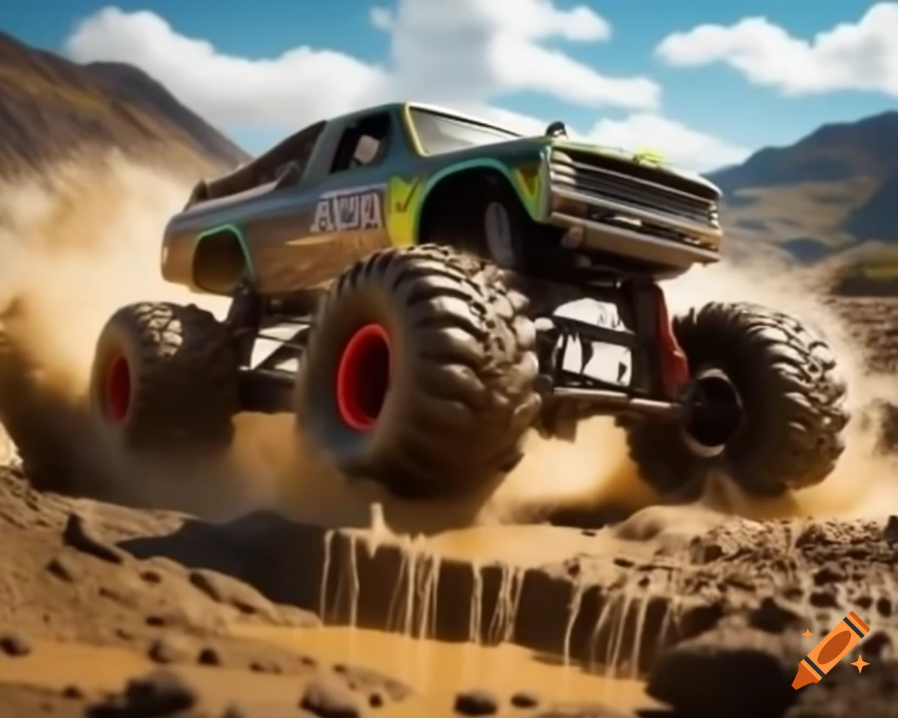 Artistic depiction of monster truck hill climb with dust and mud splashes