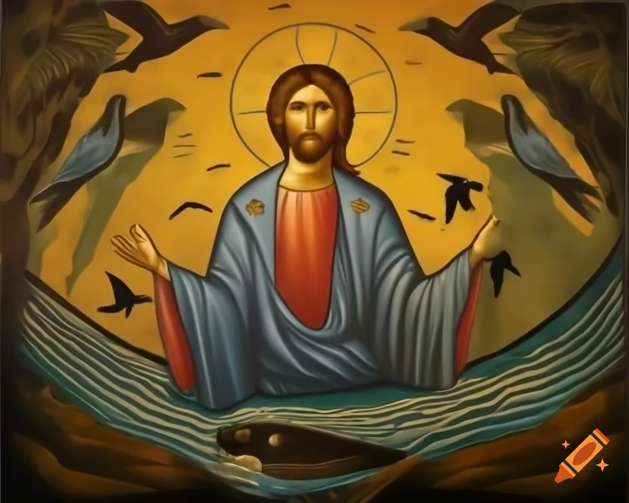 Byzantine icon of Jesus with birds and water, mosaic by Svetoslav Roerich