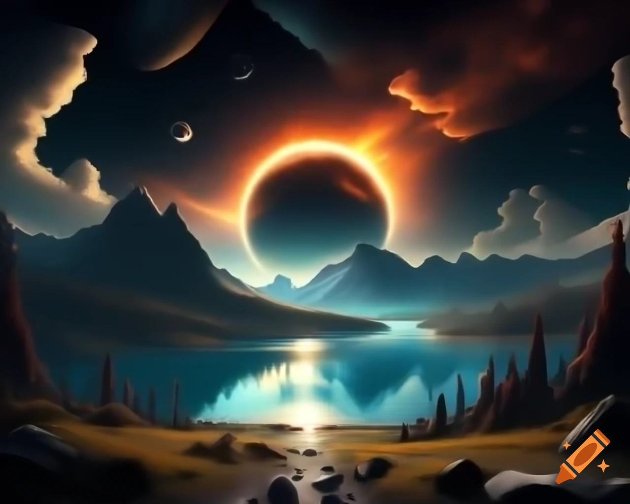 Photorealistic 3D render of sunset over mountain lake with sun rays