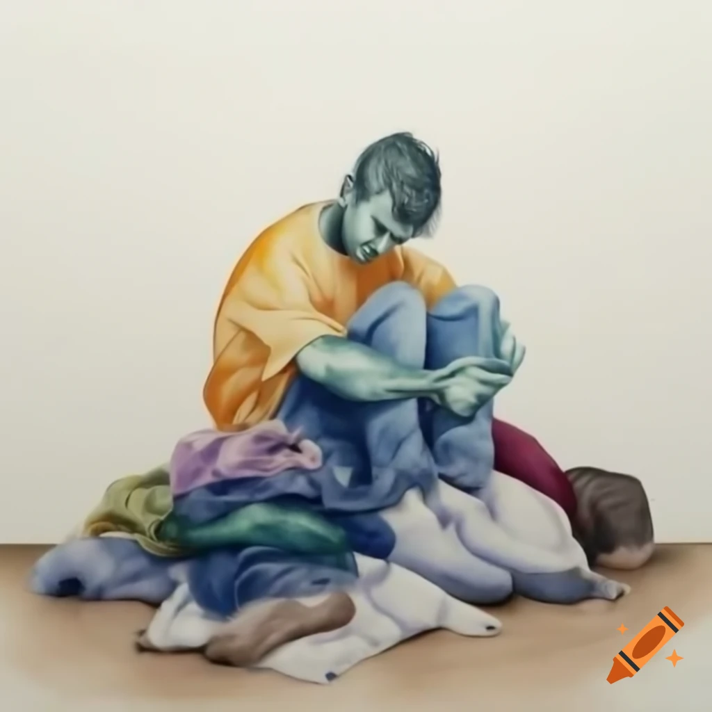 Person struggling in a pile of clothing