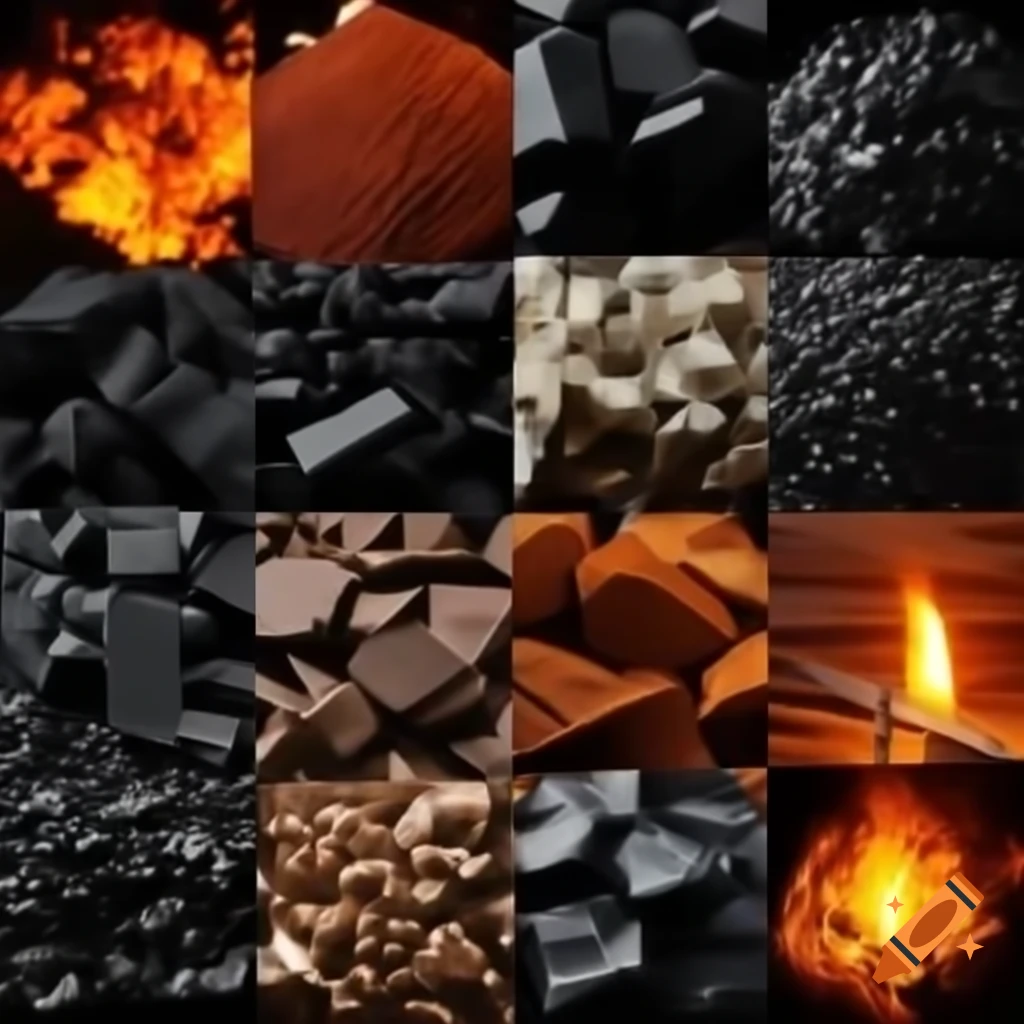 Collage showcasing various fuels including coal, wood, gasoline, and natural gas flame