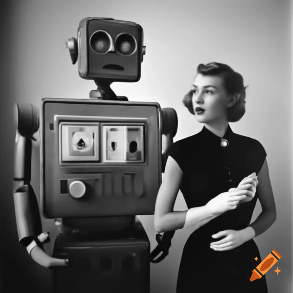 1950s robot carrying woman in its arms