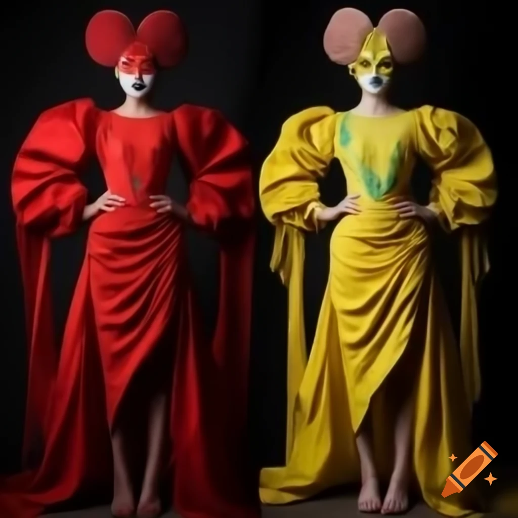 High-fashion avant-garde dress inspired by Sri Lankan devil masks with vibrant colors