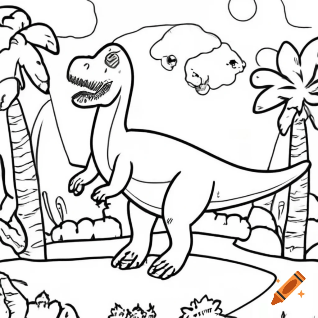 Coloring page featuring various dinosaurs including Tyrannosaurus Rex in cartoon style