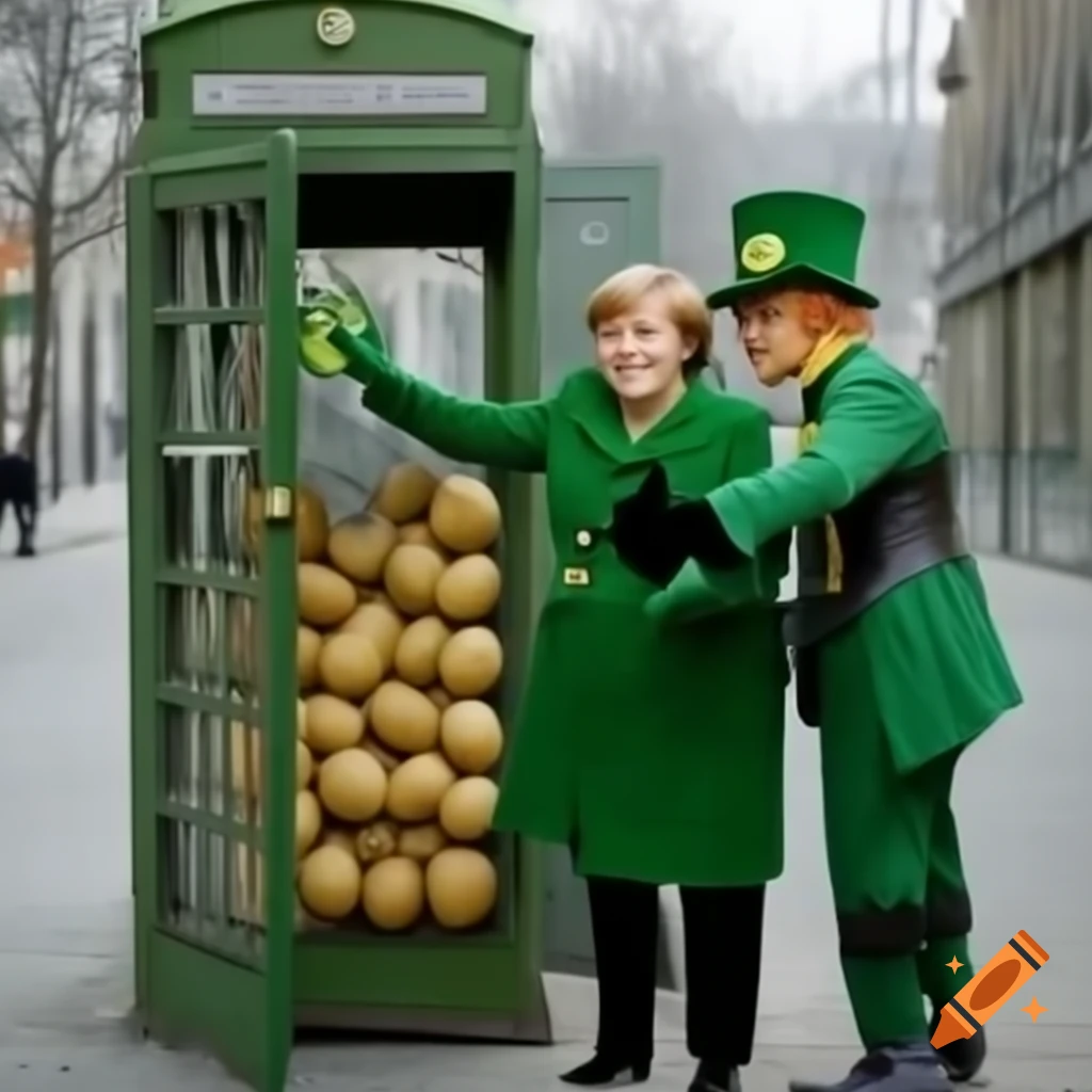 Angela Merkel as leprechaun next to telephone booth filled with potatoes