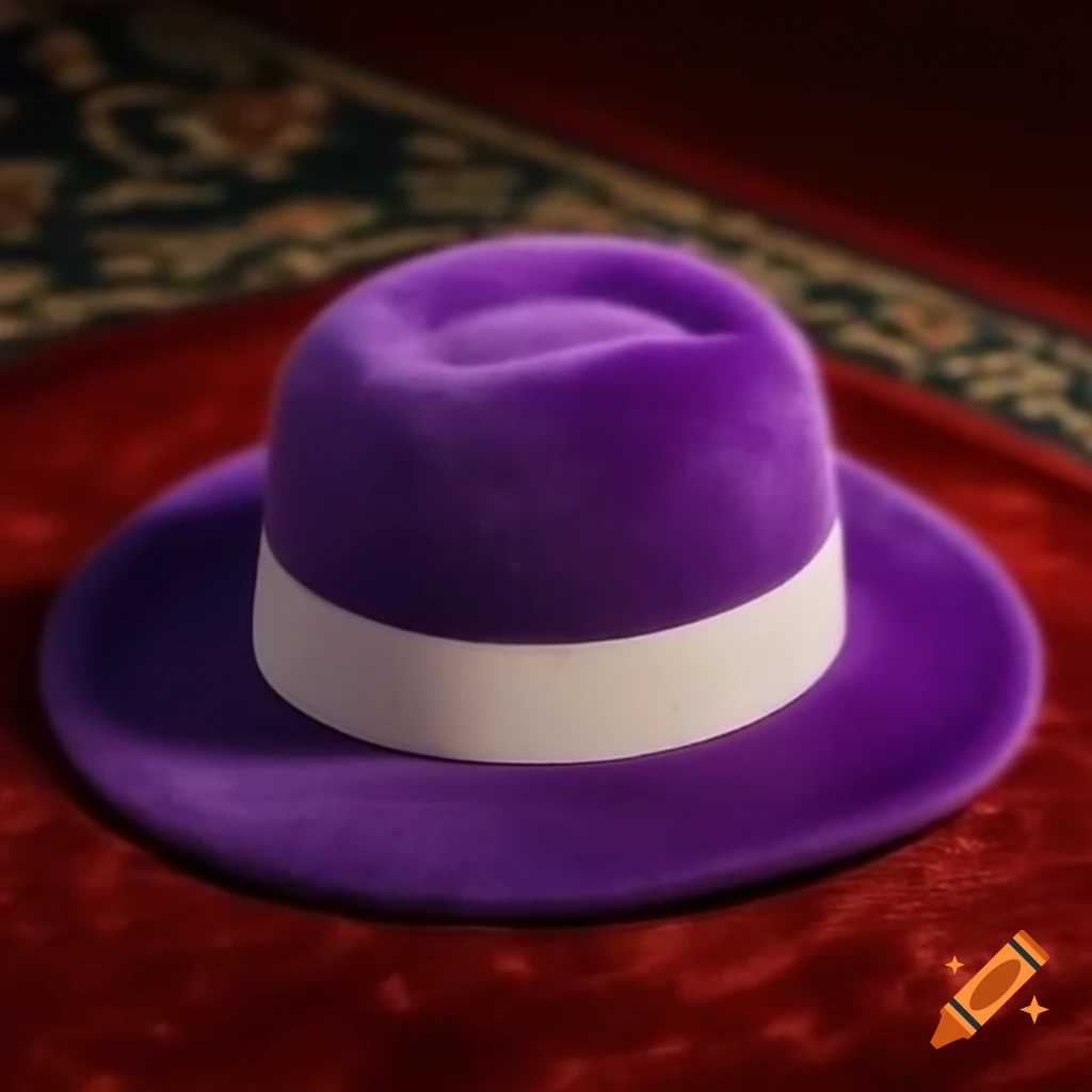 Fuzzy purple pimp hat with white band on velvet carpet