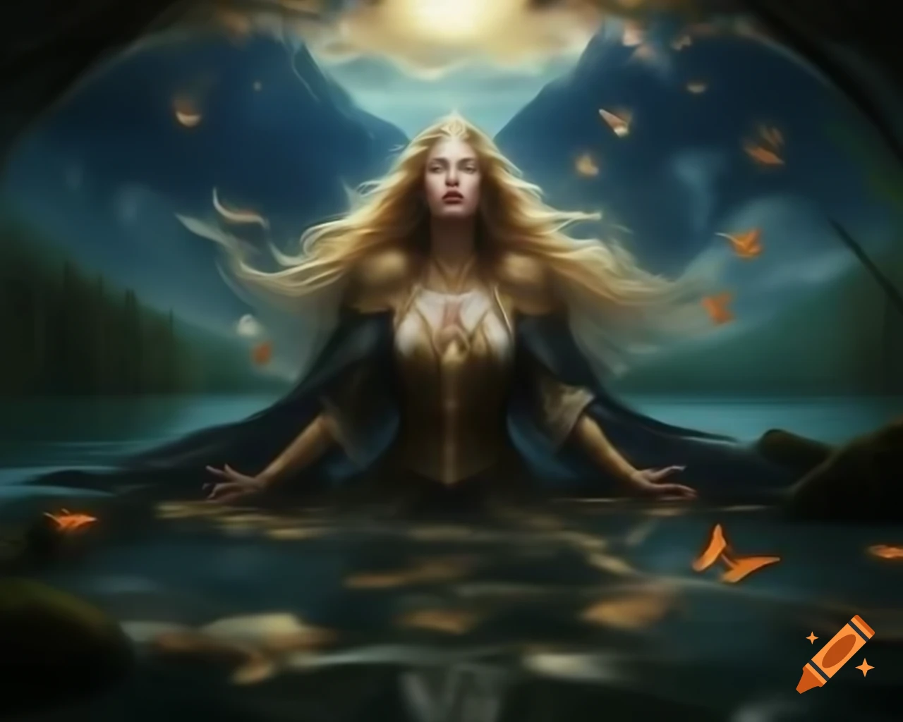 Slavic enchantress in intricate gown in verdant forest
