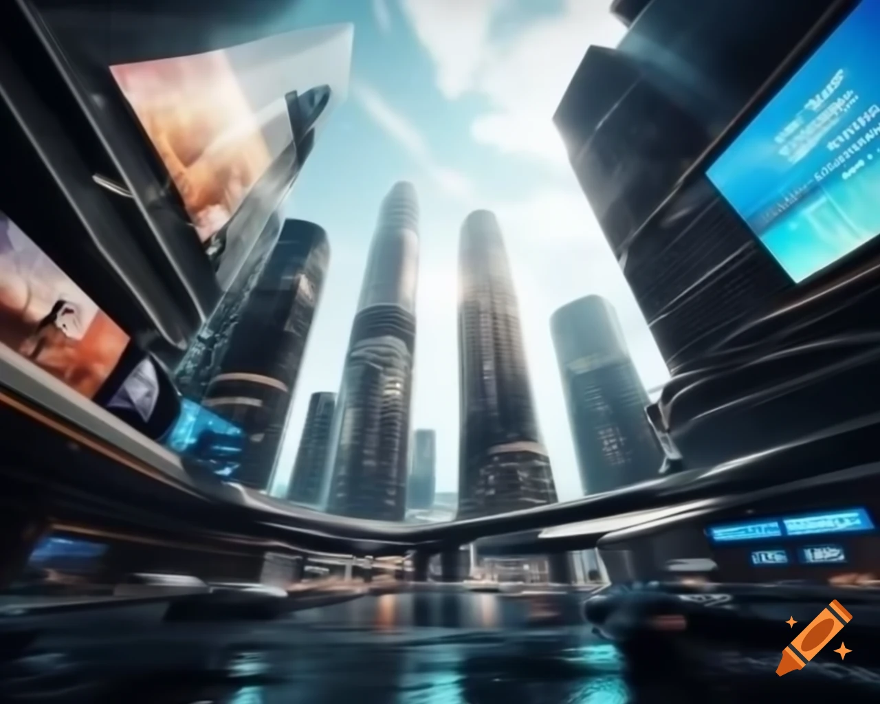 Futuristic cityscape with glass buildings, flying cars, and holographic ads