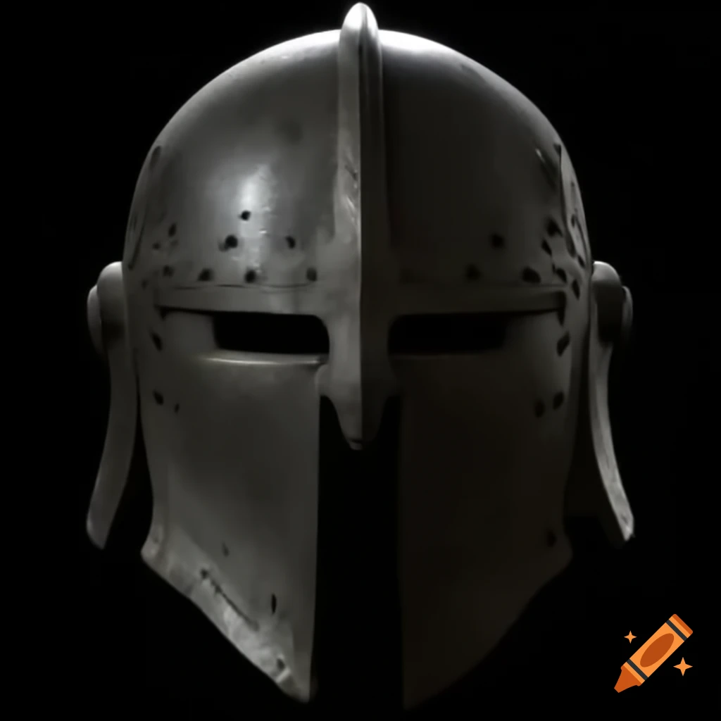 Battle-worn dark steel helmet with glowing magical runes