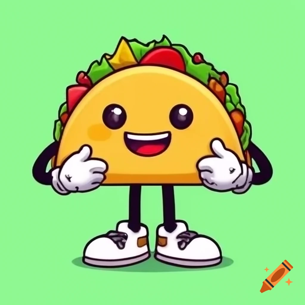 Cartoon taco character with arms, gloves, and a big smile