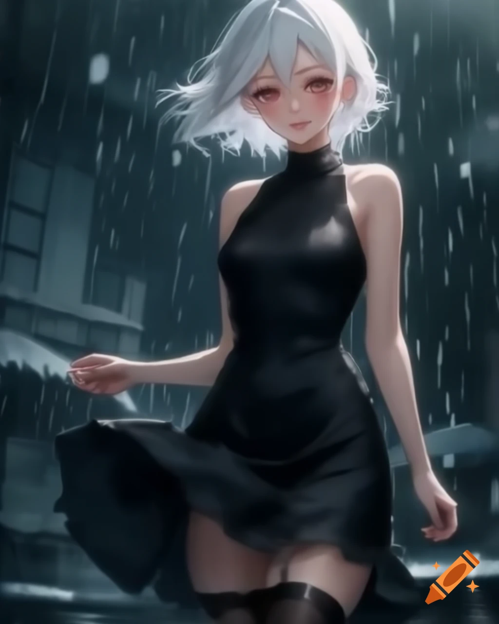Anime realistic woman with white hair in black dress on rainy day