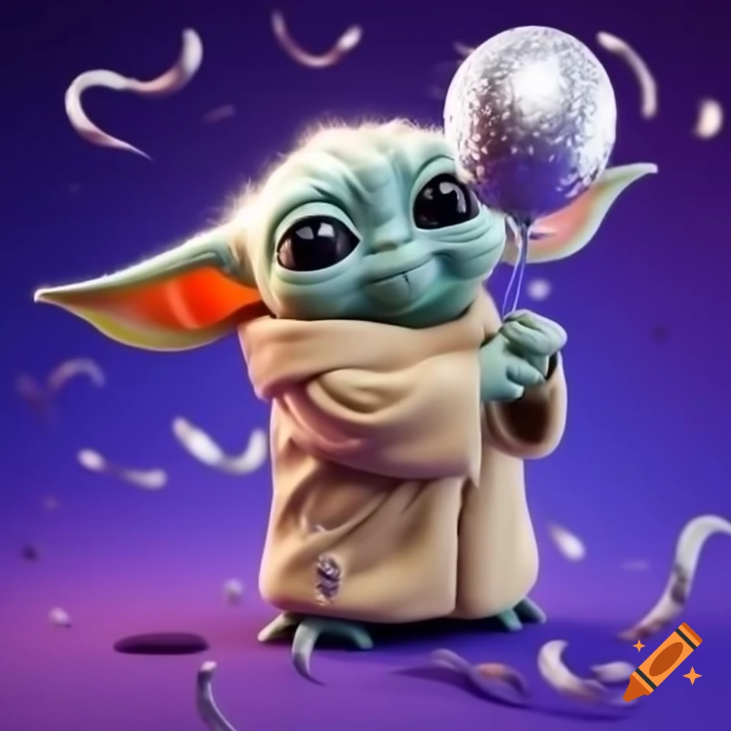 Grogu showcasing playful expression while juggling a glittering balloon