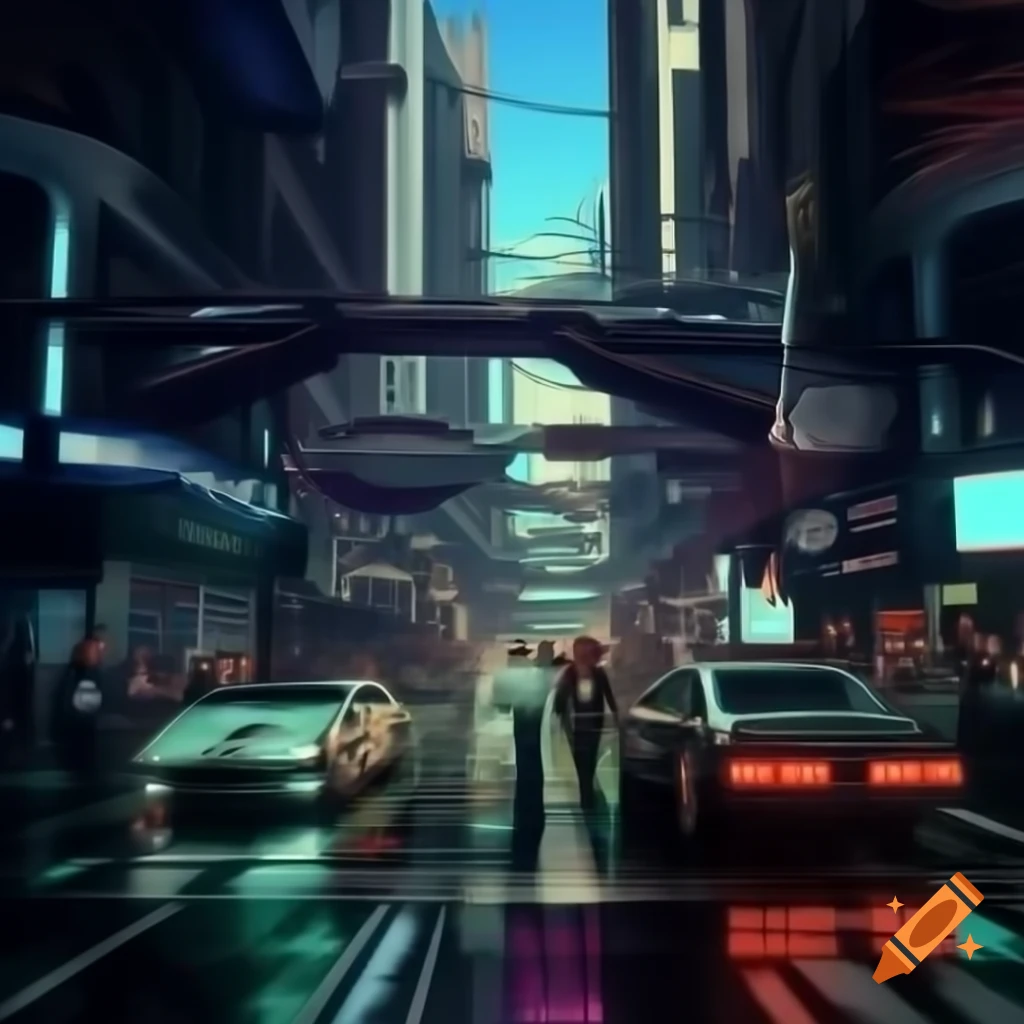 Bustling urban street in decopunk alternate reality with futuristic vehicles and high-fashion pedestrians