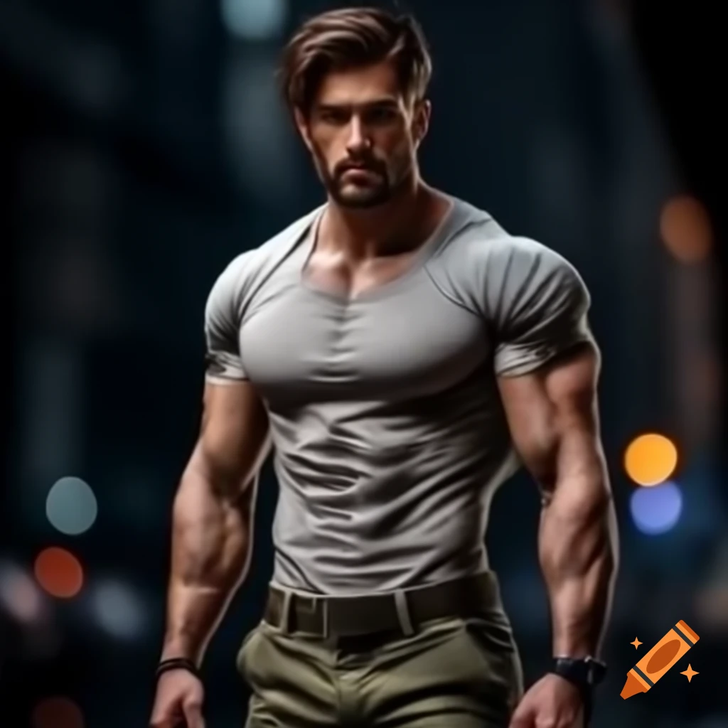 Military man in plain t-shirt and camo trousers against dark city night background