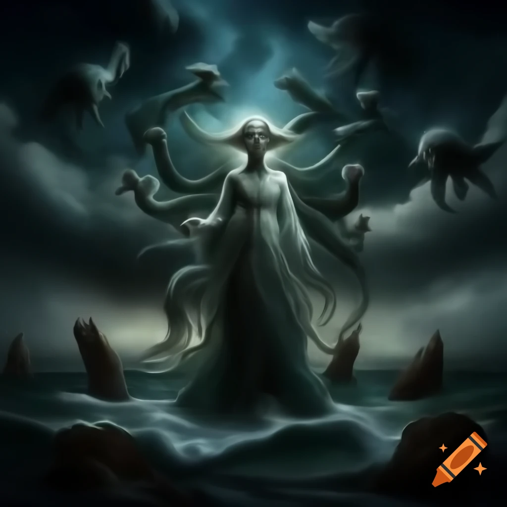 Haunting universe with mythical creatures in ancient sea