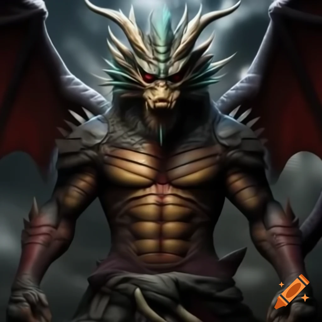 Fusion of Japanese dragon and Yokai Oni with humanoid body and dragon wings in ninja clothing