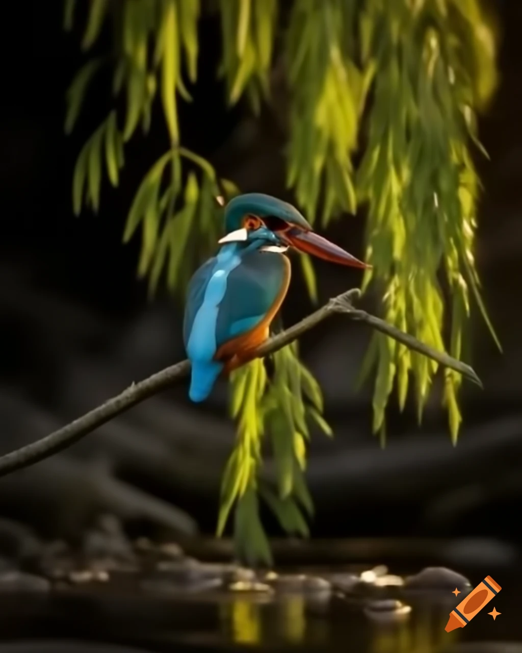 Kingfisher on willow branches above stream in warm morning light