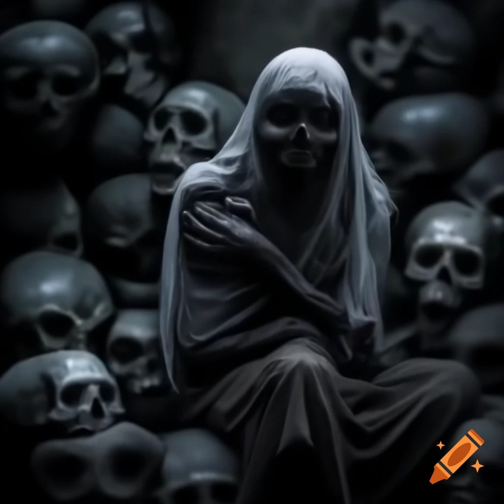 Mysterious figure in bandages among ancient stones with skeletal presence