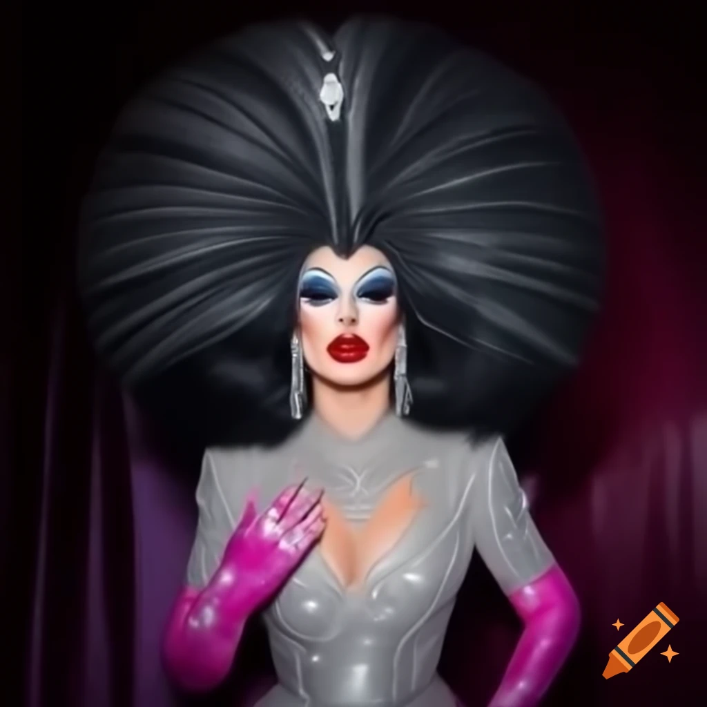 Gloria Glisten in glamorous sparkling gown with dramatic neckline for drag race promo