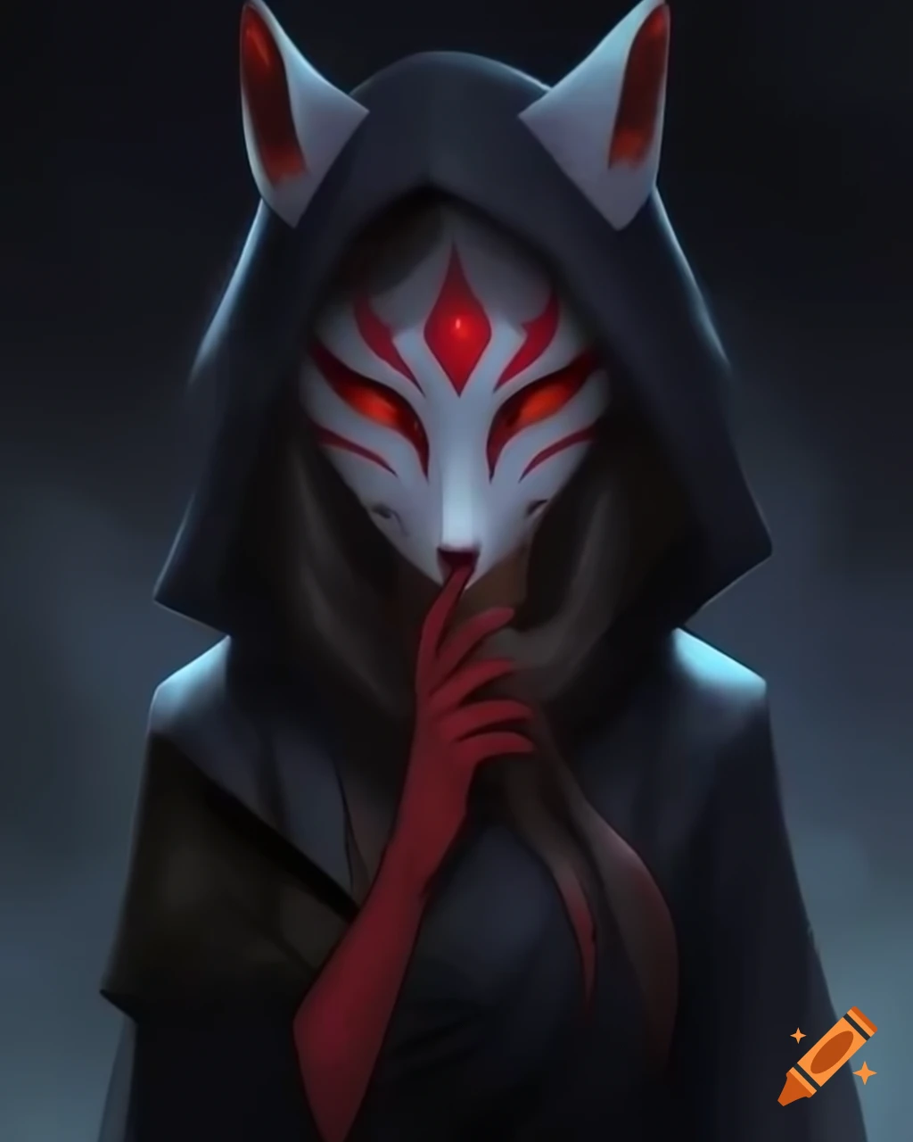 Asian woman wearing kitsune mask in dark fantasy setting