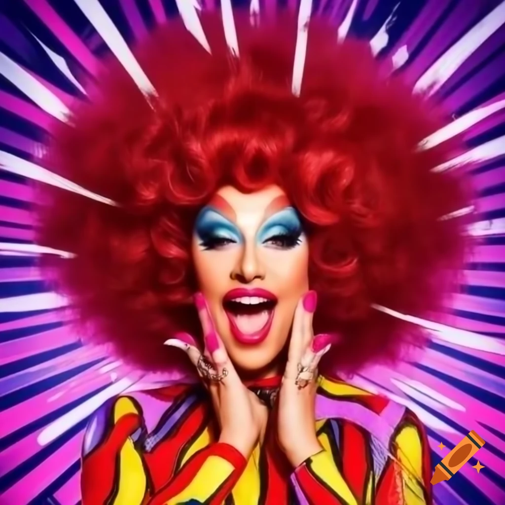 Daisy Dynamite in vibrant, explosive dress with bold makeup for drag race promo