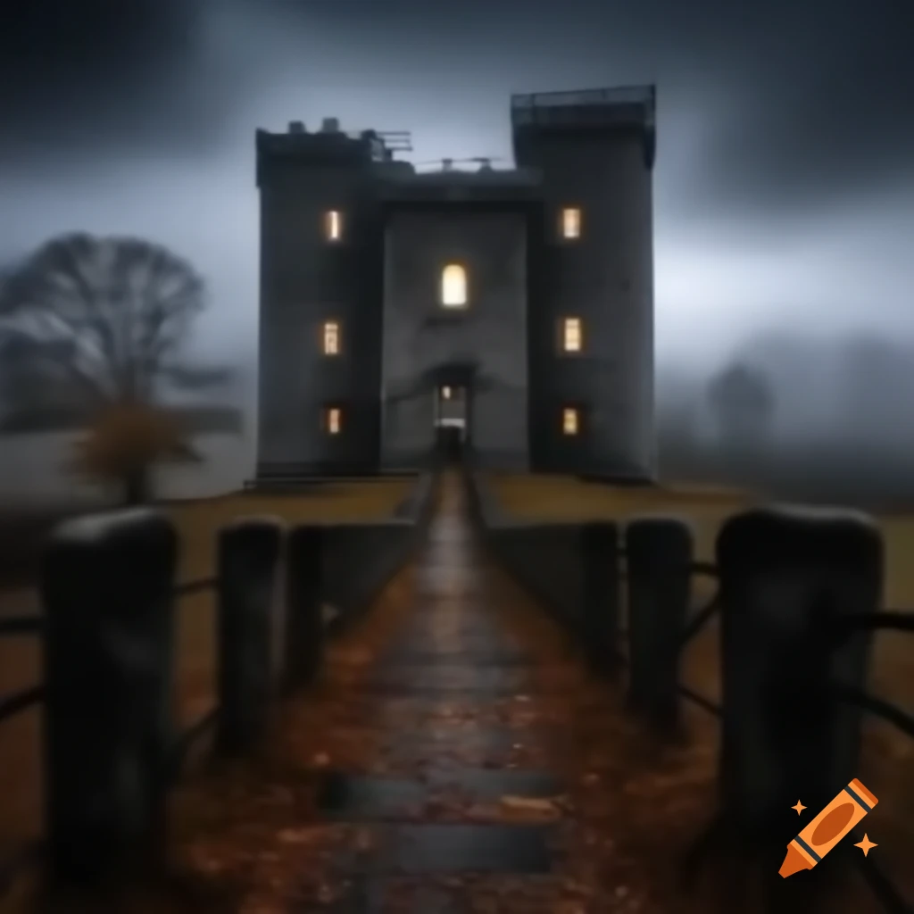Ancient stone fortress with Celtic magic in golden twilight and autumn mist
