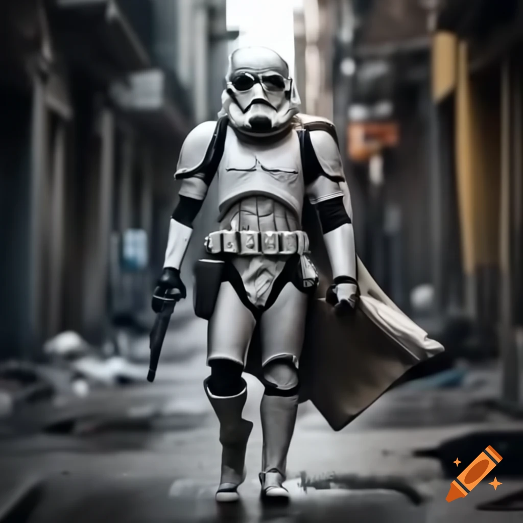 Stormtrooper walking down a gritty street turning left, realistic style