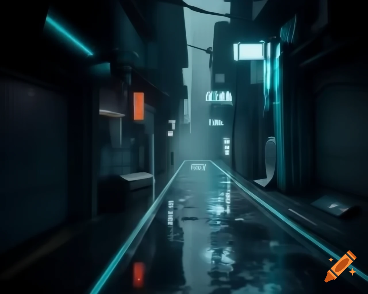 Rain-soaked Cyberpunk alleyway with neon lights reflecting on wet surfaces