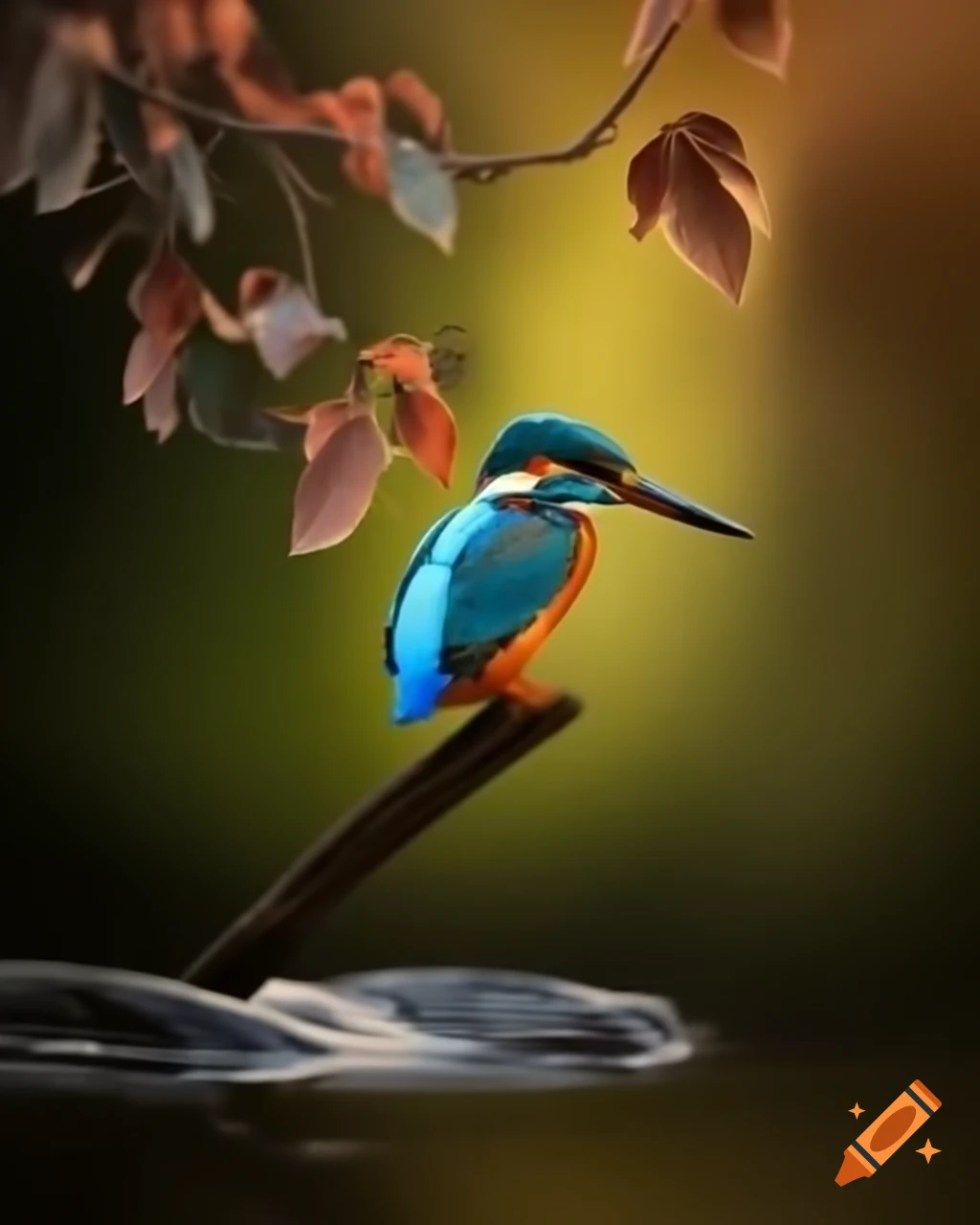 Kingfisher perched on alder branches over a stream in warm morning light