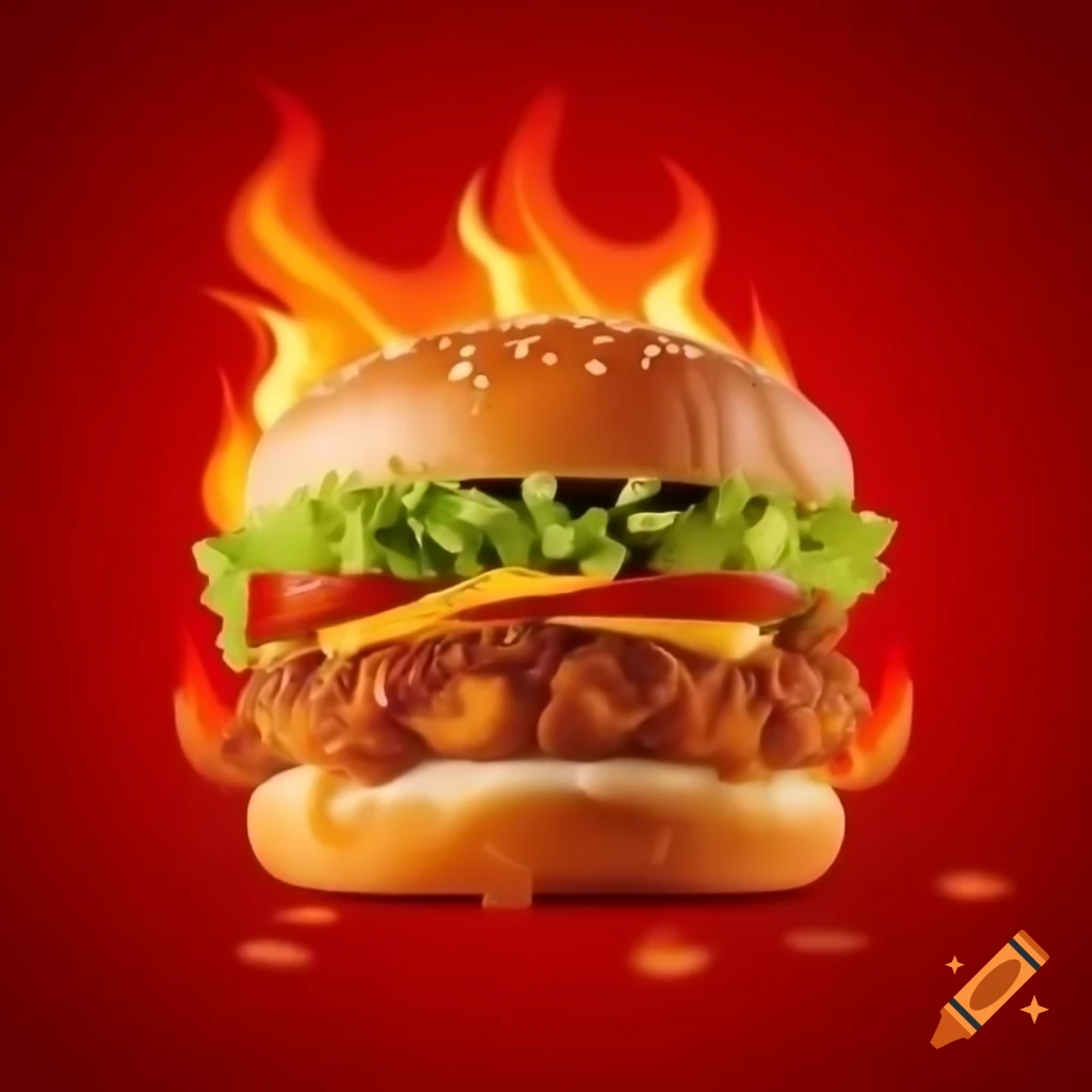 Towering burger with crispy fried chicken, lettuce, tomatoes, and golden bun